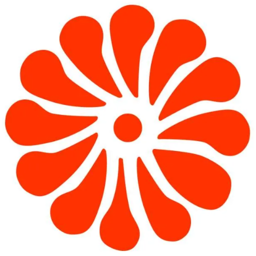 Orange abstract flower logo with a central dot and radiating petal shapes around it.