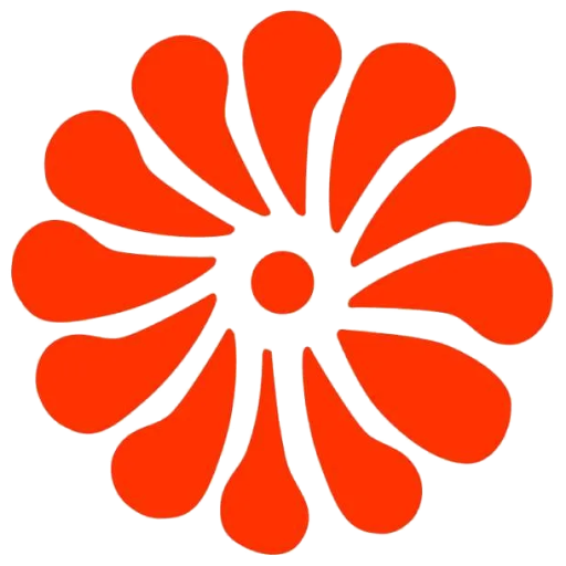 Brand logo: a red flower with twelve petal-like shapes around a central dot